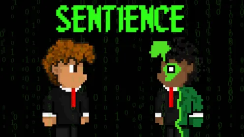 Sentience title art: two figures in suits, one corrupted by green code
